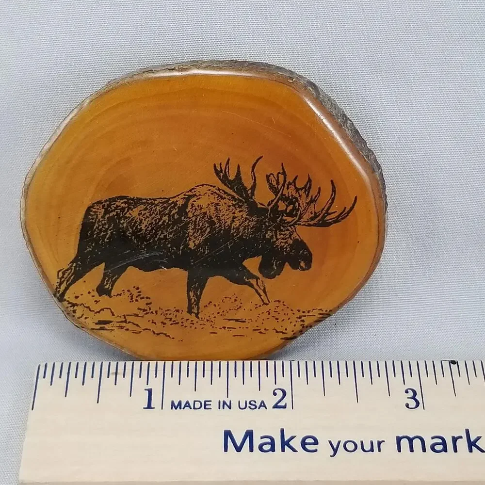 Vintage Belt Buckle‎ Thick Wooden Printed Moose Enamel Covered W/ Brass Hardware